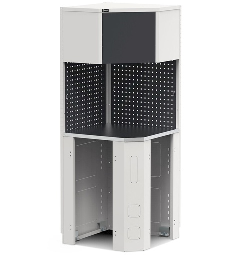 Werkstatt-Eckmodul, Abdeckplatte aus Edelstahl – Lichtgrau + Anthrazitgrau (RAL 7035+7016) – 754 × 754 × 2000 mm