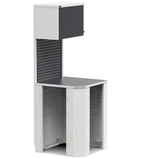 Werkstatt-Eckmodul, Abdeckplatte aus Edelstahl – Lichtgrau + Anthrazitgrau (RAL 7035+7016) – 714 × 754 × 2000 mm