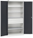Armadio in metallo da officina con 2 ante, 4 ripiani, 3 cassetti, L1023 x P555 x H2000 mm