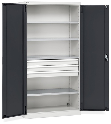 Armario metálico de taller con 2 puertas, 4 estantes, 3 cajones, An1023 x P555 x Al2000 mm