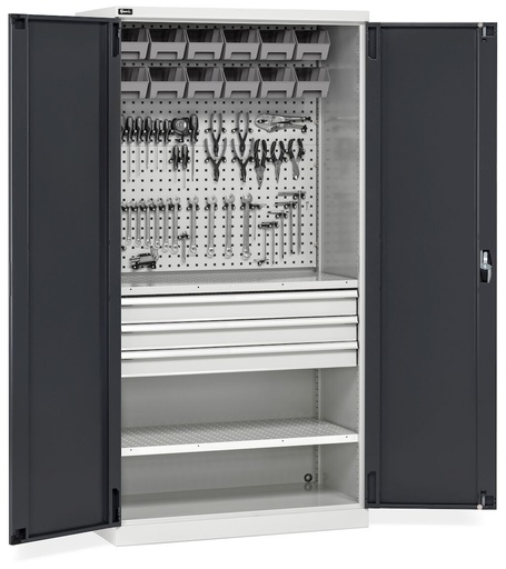 Armario portaherramientas, puertas batientes, cajones, estantes, cubetas y ganchos, An1023 x P555 x Al2000 mm