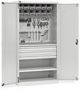 Armadio portautensili, ante battente, cassetti, piani, contenitori e ganci, L1023 x P555 x H2000 mm – Grigio chiaro (RAL 7035)