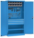 Armadio portautensili, ante battente, cassetti, piani, contenitori e ganci, L1023 x P555 x H2000 mm – Blu (RAL 5012)