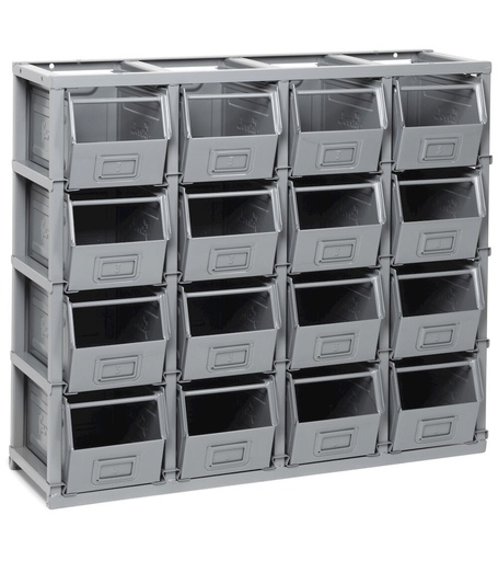 Estantería monobloque para pequeñas piezas con 16 cubetas de metal talla 3, An1025 x P355 x Al885 mm