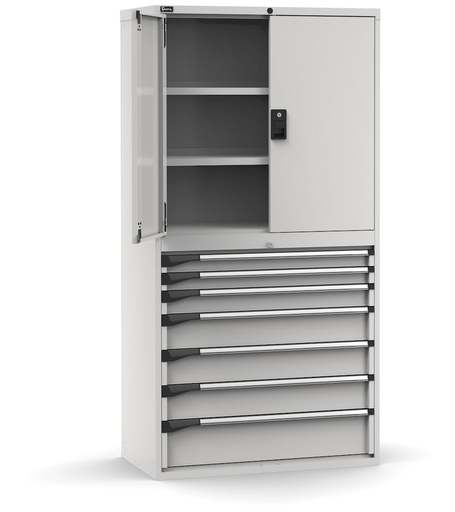 Tool cabinet with doors and 7 drawers, 3 adjustable shelves, flexible extension 75 kg – 1020 × 573 × 2000 mm