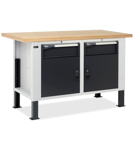 BR workbench 150 cm with 2 cabinets with 1 drawer and door – Light grey + Anthracite grey (RAL 7035+7016)