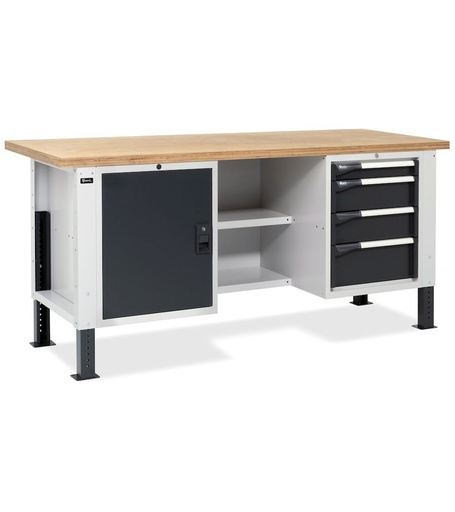 BR workbench 200 cm with 1 drawer cabinet with 4 drawers, 1 cabinet with door and 2 half shelves – Light grey + Anthracite grey (RAL 7035+7016)