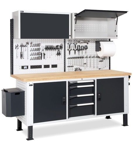 Work Master BR height-adjustable workbench with tool wall, 40 mm multiplex worktop