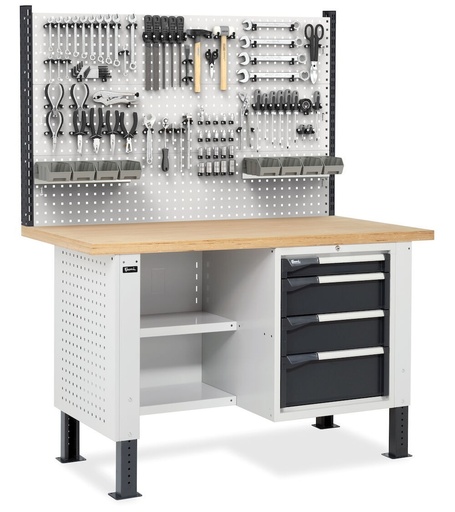 Workbench with 4-drawer cabinet, 2 half shelves and perforated panel