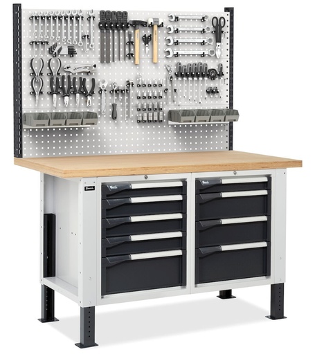 Workbench with 2 cabinets with 4 and 5 drawers and perforated panel