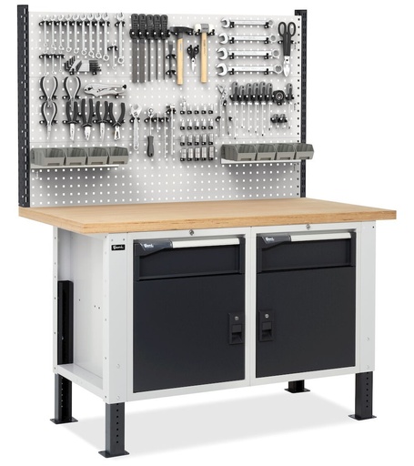 Workbench with 2 cabinets with 1 drawer and door, and perforated panel