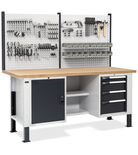 Workbench with 4-drawer cabinet, 1 compartment with door, 2 half shelves and perforated panel