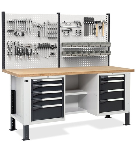 Workbench with 2 cabinets with 4 and 5 drawers, 2 half shelves and perforated panel