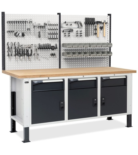 Workbench with 3 cabinets with 1 drawer and door, and perforated panel