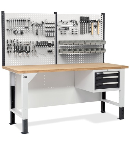 BR workbench 200 cm with 3-drawer cabinet and perforated tool panel