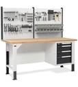 Banco con armadio a 4 cassetti e parete forata – Grigio chiaro + Grigio antracite (RAL 7035+7016) – 2000 × 750 × 1683/2008 mm