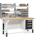 Banco con armadio a 4 cassetti e parete forata – Grigio chiaro + Grigio antracite (RAL 7035+7016) – 2000 × 750 × 1683/2008 mm