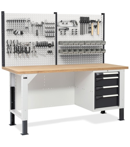 Workbench with 4-drawer cabinet and perforated panel – Light grey + Anthracite grey (RAL 7035+7016) – 2000 × 750 × 1683/2008 mm