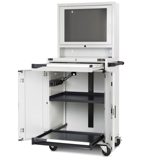 Computer cabinet with base module and door module with polycarbonate window