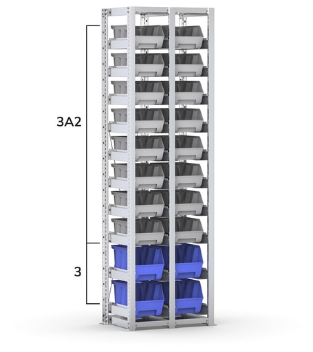Rayonnage avec 20 bacs Picking Box Air taille 3/3A2, L634 x P421 x H2003 mm