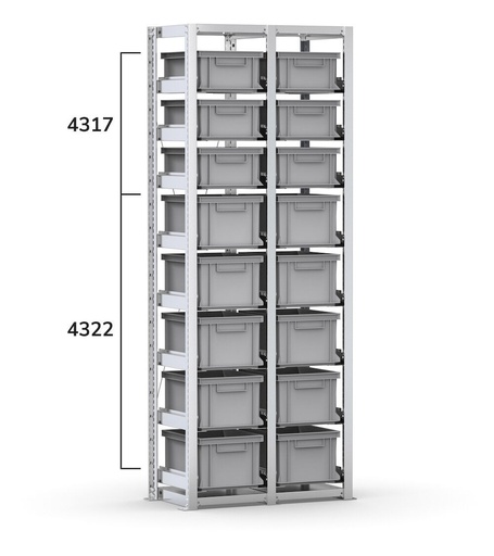 Rayonnage avec 16 caisses Euro Box 400x300 mm, L810 x P421 x H2003 mm