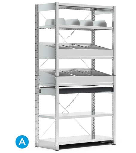 Rayonnage pour petites pièces à 6 tablettes avec séparateurs, L1057 x P521 x H2011 mm