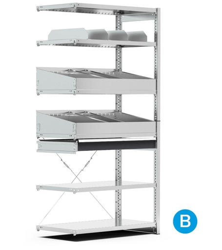 Rayonnage d'extension pour petites pièces à 6 tablettes avec séparateurs, L1028 x P521 x H2011 mm