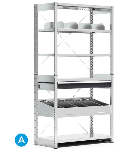 Rayonnage à 6 tablettes avec séparateurs pour bacs taille 4A5, L1057 x P521 x H2011 mm