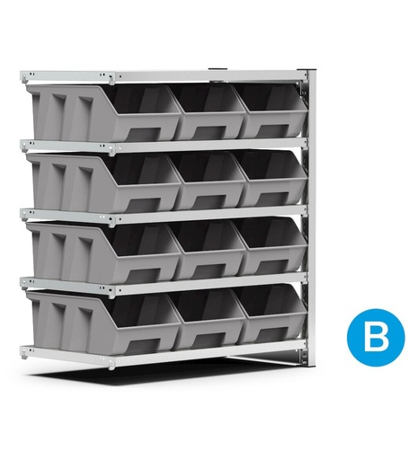 Rayonnage d'extension avec 12 bacs sur 5 tablettes, L1028 x P521 x H1111 mm