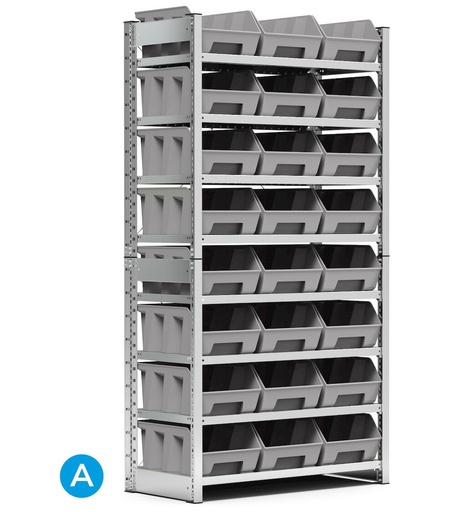 Rayonnage porte-bacs, 8 tablettes, 24 bacs à bec taille 4, L1057 x P521 x 2056 mm