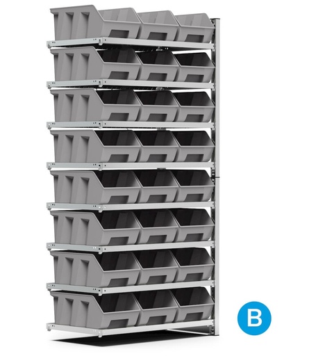 Rayonnage d'extension porte-bacs, 8 tablettes, 24 bacs à bec taille 4, L1028 x P521 x 2056 mm