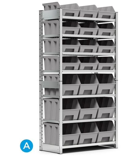 Rayonnage porte-bacs, 7 tablettes, 21 bacs à bec taille 4/4A5, L1057 x P521 x 2111 mm
