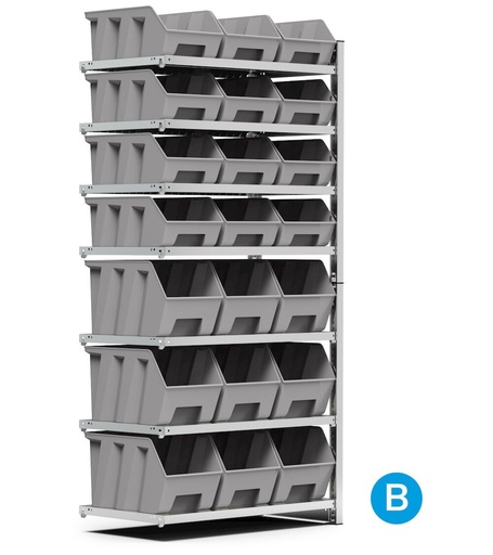 Rayonnage d'extension porte-bacs, 7 tablettes, 21 bacs à bec taille 4/4A5, L1028 x P521 x 2111 mm