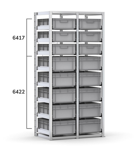 Rayonnage avec 16 caisses Euro Box 600x400 mm, L1010 x P621 x H2003 mm