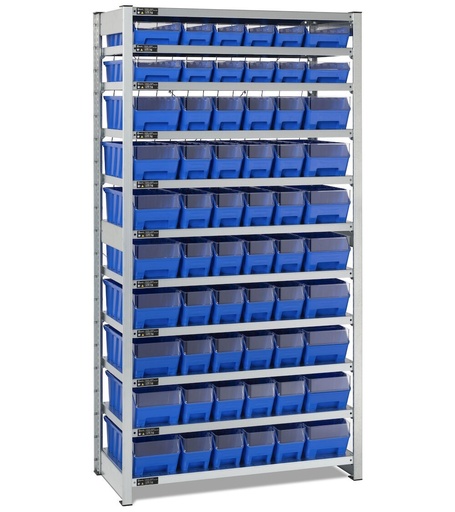 Rayonnage avec 11 tablettes et 60 bacs RK Box Air avec séparateurs et façades, L1057 x P521 x H2011 mm