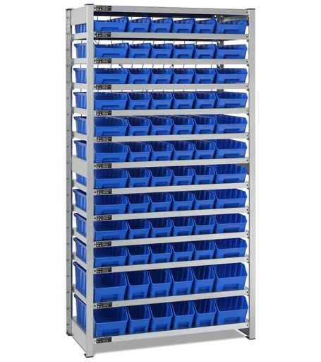 Rayonnage avec 13 tablettes et 72 bacs RK Box Air, L1057 x P521 x H2011 mm