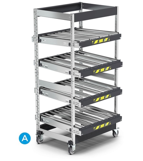 Rayonnage avec 4 châssis inclinables sur roues
