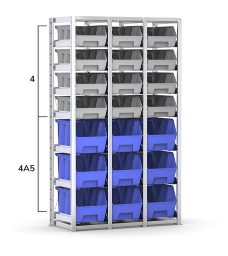 Rayonnage avec 21 bacs Picking Box Air taille 4/4A5, L1208 x P521 x H2003 mm