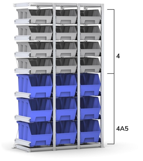 Rayonnage d'extension avec 21 bacs Picking Box Air taille 4/4A5, L1158 x P521 x H2003 mm