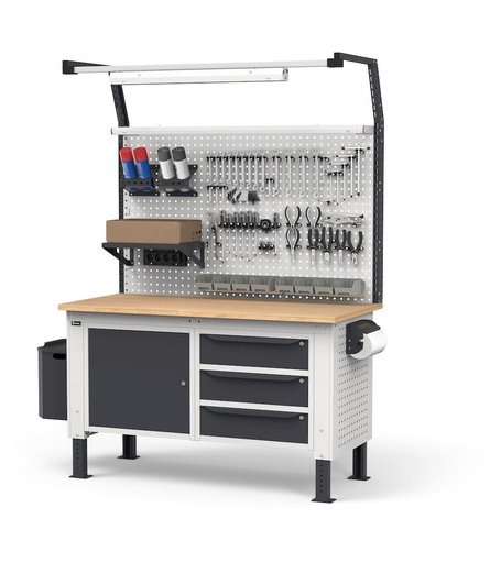 Work Up height-adjustable workbench with tool wall, 30 mm multiplex worktop