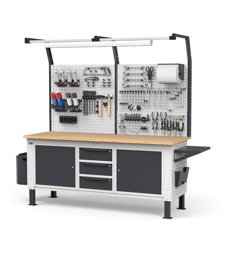 Banco Work Up regolabile con parete porta attrezzi, piano in multiplex 30 mm