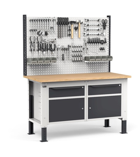 Complete height-adjustable Work Up workbench 150 cm, 2 cabinets with drawer and door, half shelf, perforated panels
