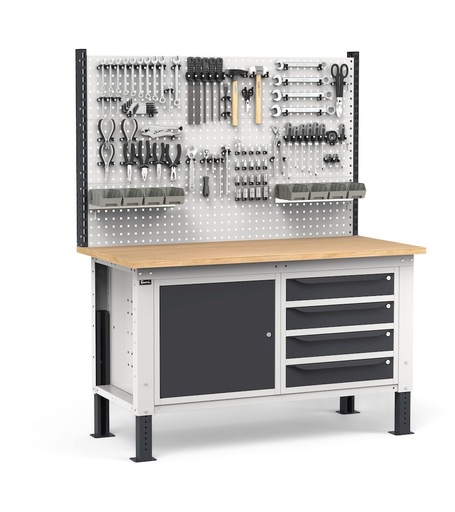 Complete height-adjustable Work Up workbench 150 cm, drawer cabinet with 4 drawers, cabinet with door, half shelf, perforated panels