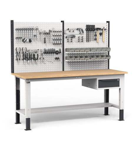 Complete height-adjustable Work Up workbench 200 cm, drawer cabinet with 1 drawer, perforated panels