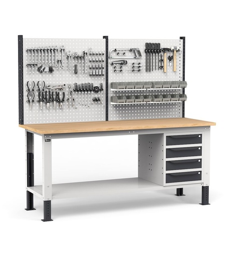 Complete height-adjustable Work Up workbench 200 cm, drawer cabinet with 4 drawers, half shelf, perforated panels