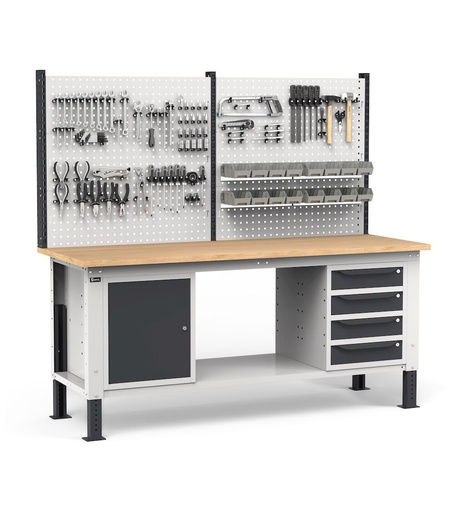 Complete height-adjustable Work Up workbench 200 cm, drawer cabinet with 4 drawers, cabinet with door, half shelf, perforated panels