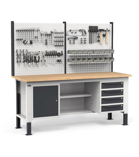 Complete height-adjustable Work Up workbench 200 cm, drawer cabinet with 4 drawers, cabinet with door, short half shelf, rear panel, perforated panels