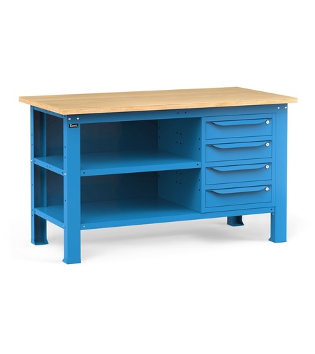 Werkbank mit 4 Schubladen, Rückwand und Fachboden, 150 cm, Blau