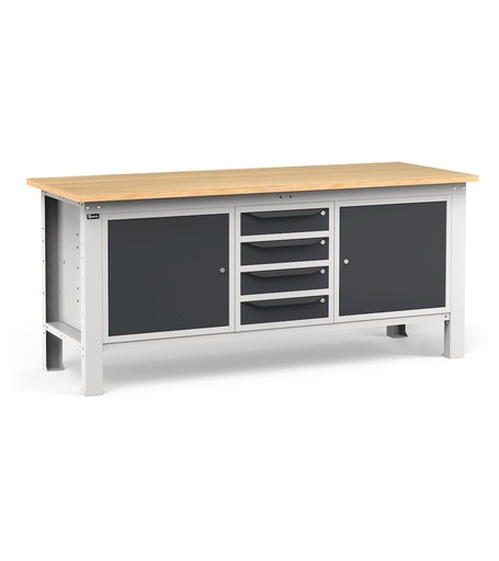 Workshop bench with 4 drawers and cabinet with door and shelf, 200 cm, Grey and anthracite