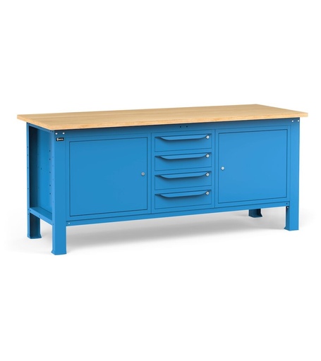 Workshop bench with 4 drawers and cabinet with door and shelf, 200 cm, Blue